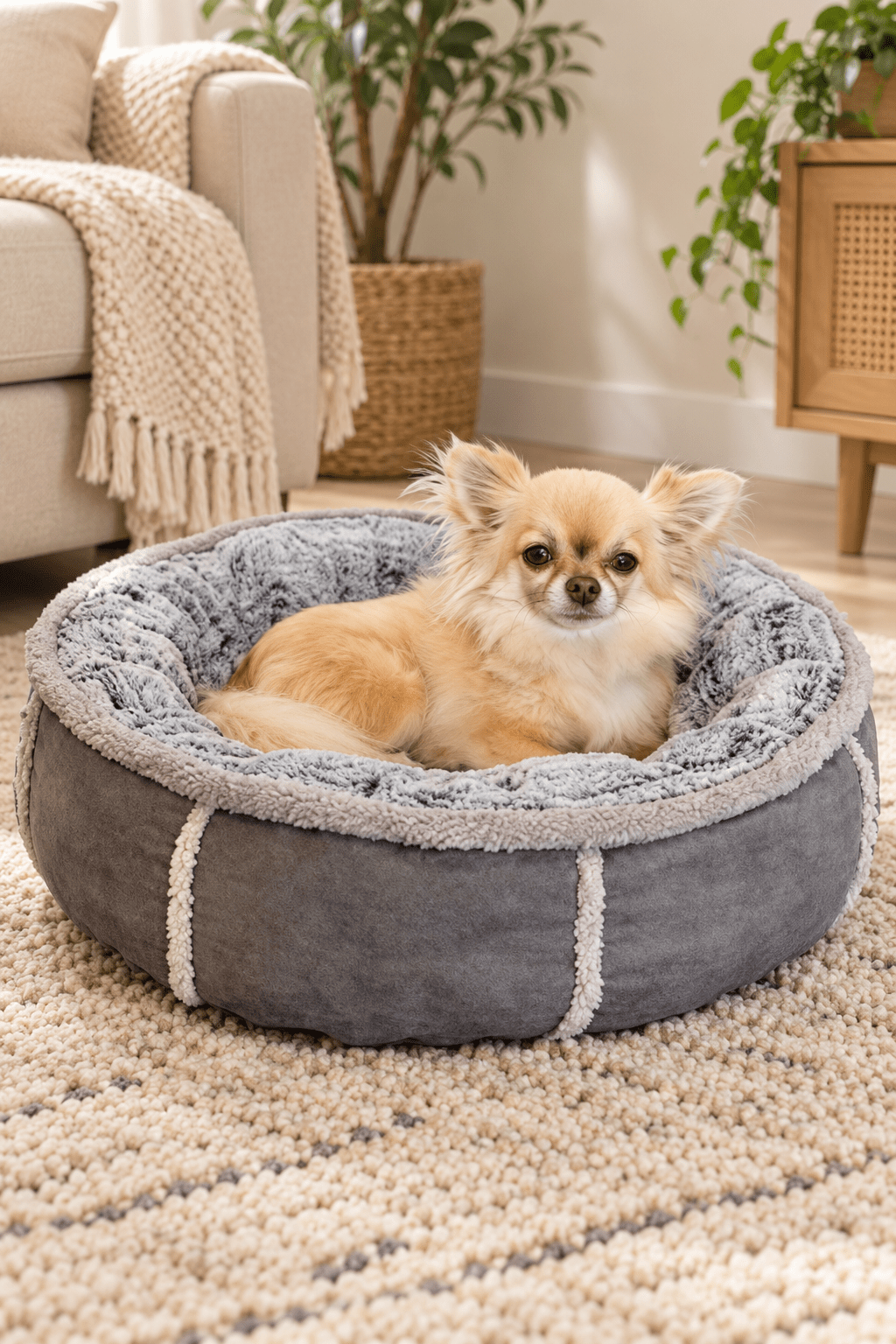 Kleine lichtbruine chihuahua ligt in de grijze Rosewood Winks pluche donut hondenmand van 51 cm in een gezellige beige woonkamer.