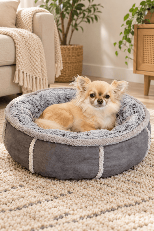 Kleine lichtbruine chihuahua ligt in de grijze Rosewood Winks pluche donut hondenmand van 51 cm in een gezellige beige woonkamer.