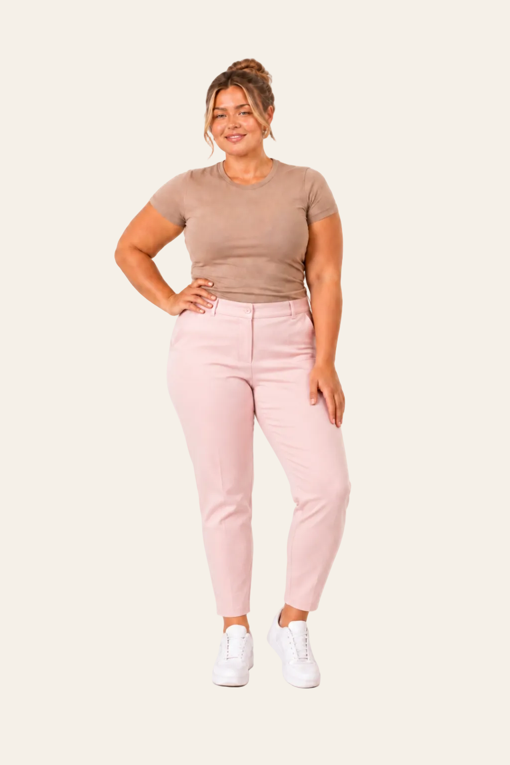 Roze enkellange damesbroek met hoge taille en steekzakken