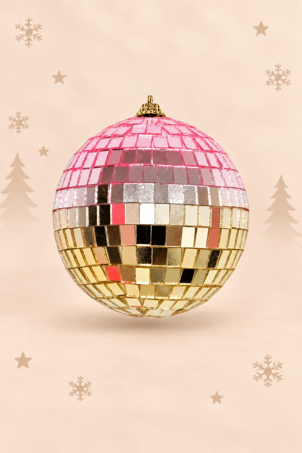 Roze gouden disco kerstbal van 25 x 25 x 25 cm met spiegelmozaïek in roze, zilver en goud als opvallende kerstdecoratie