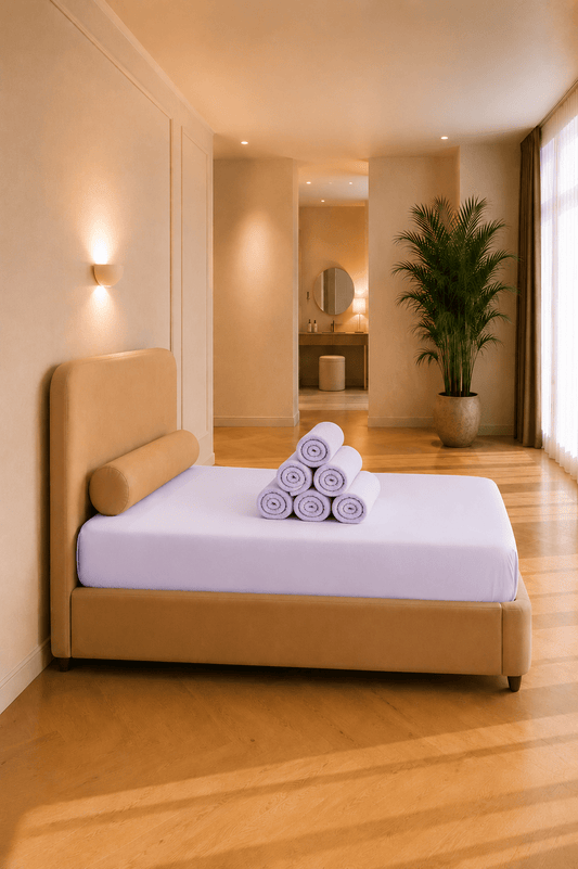 Roze katoenen jersey hoeslaken op een extra bed, gecombineerd met een zacht decoratief kussen