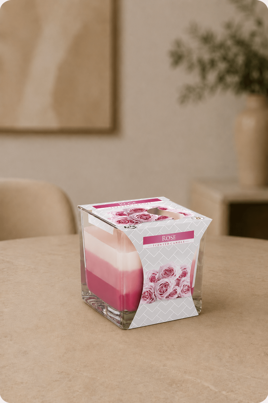 LMW Wellness-Care Regenboog potkaars in rozekleur 8 × 8 × 8 cm, detailweergave