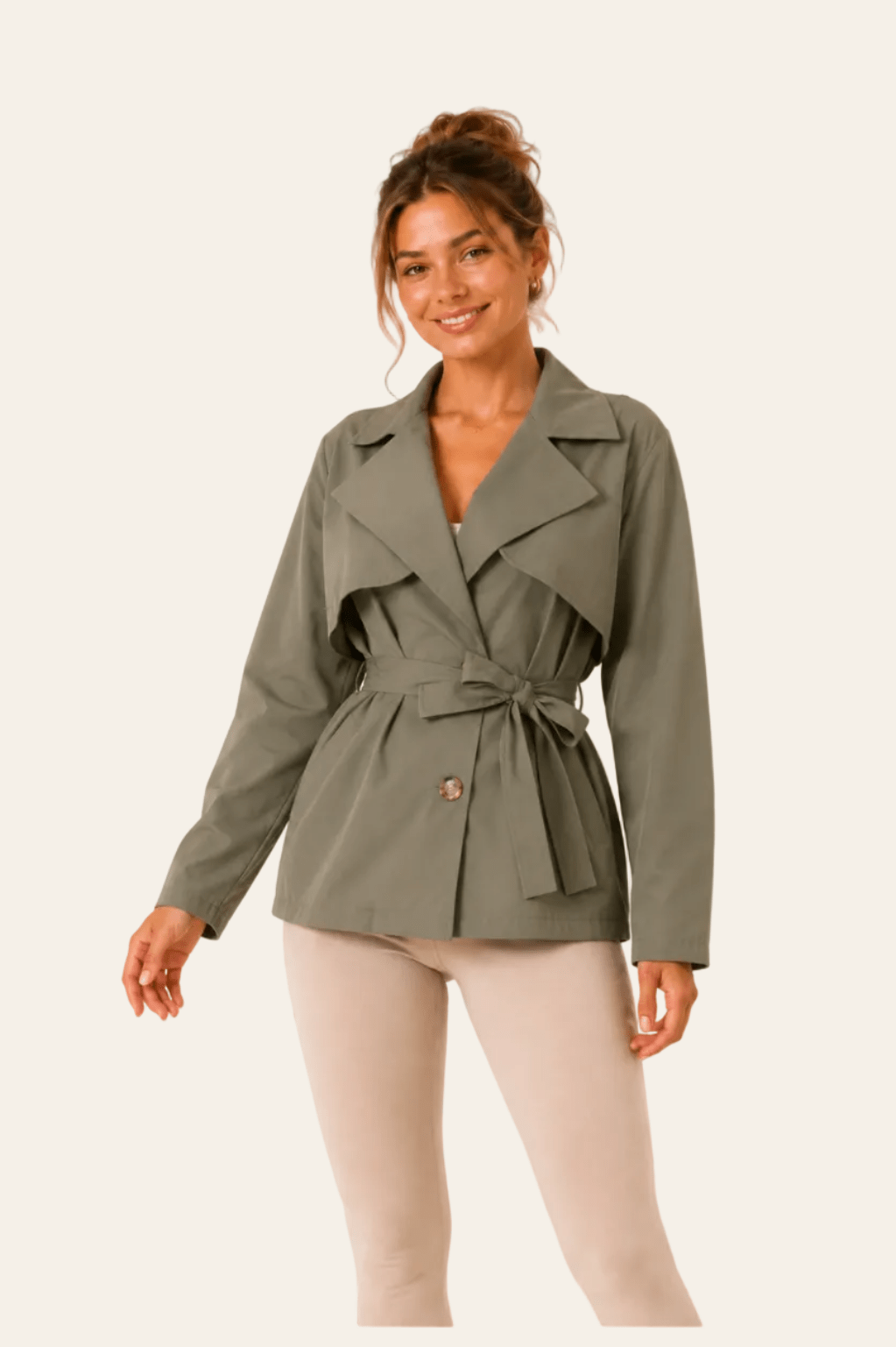 Rue paris stijlvolle korte dames trenchcoat jas met een taille riem