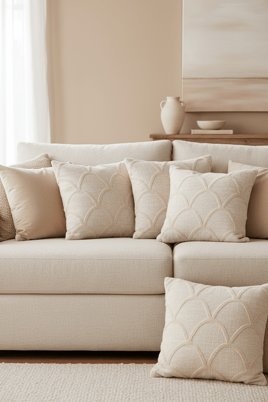 Sahara kussenhoes in naturelkleur 50 × 50 cm, in een verzorgde woonsetting met zichtbare textuur en vorm.