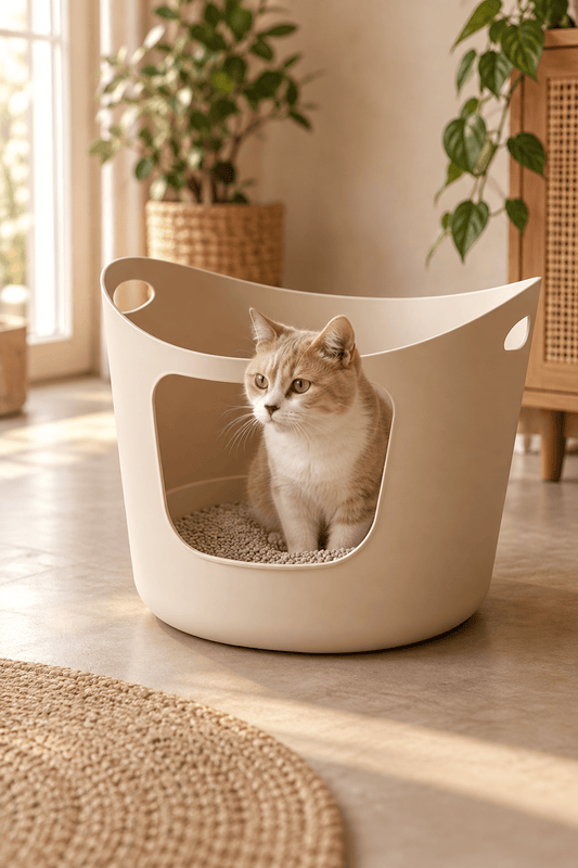 Lichtbruine kat zit in een mokkabeige Savic Flex-A-Loo kattenbak met lage instap in een warm beige interieur met houten meubels.