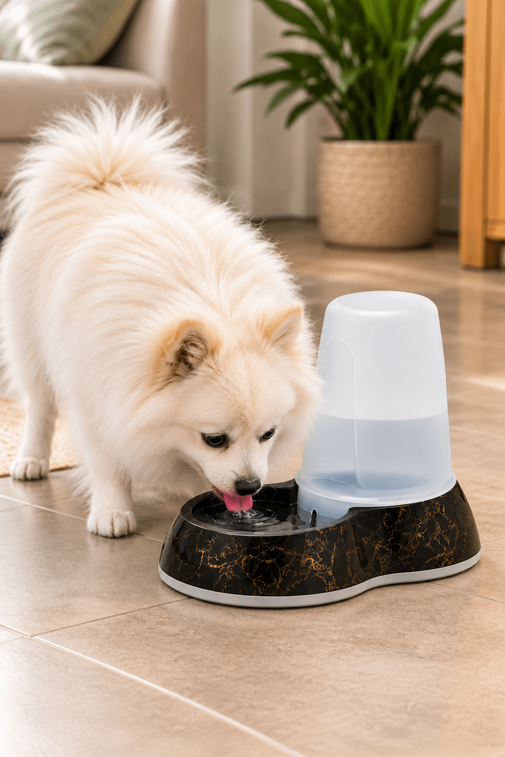 Witte keeshond drinkt uit de Savic Loop Marble drinkbak in zwart en goud met een waterreservoir van 1,5 liter in een stijlvolle beige woonkamer.