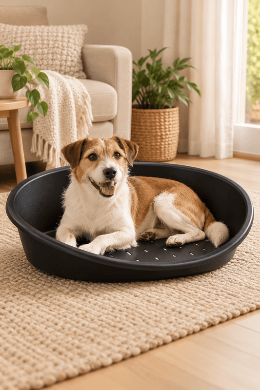 Wit-bruine hond ligt ontspannen in de zwarte Savic Snooze kunststof hondenmand van 80 cm in een gezellige beige woonkamer.