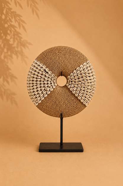 Schelpendecoratie op zwarte standaard naturel op een beige gebladerde achtergrond