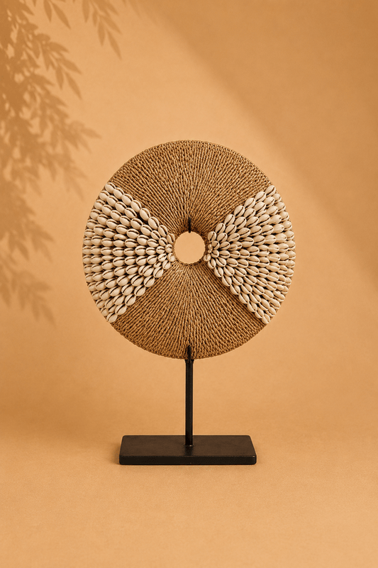 Schelpendecoratie op zwarte standaard naturel op een beige gebladerde achtergrond