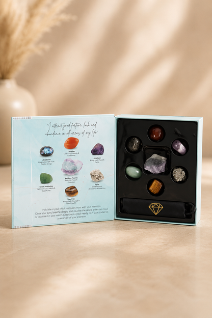 Manifestatie kristallen cadeauset voor geluk en overvloed