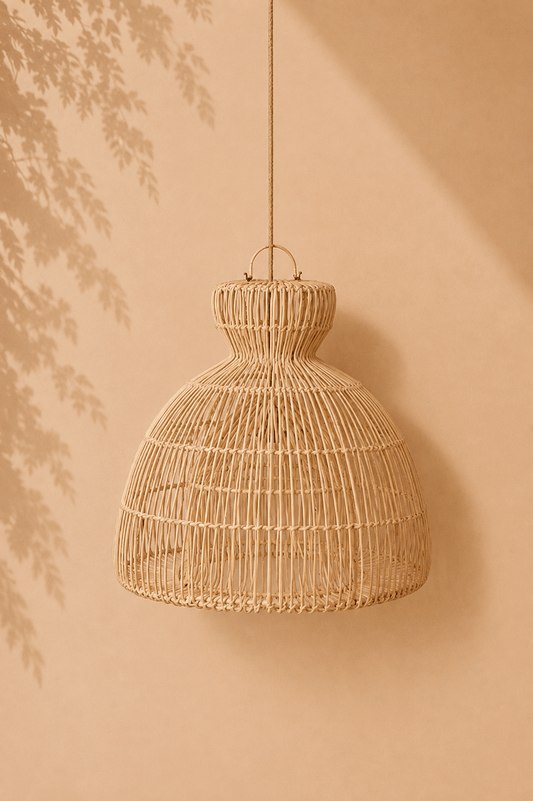 Sculpturale hanglamp van natuurlijk rotan op een beige gebladerde achtergrond