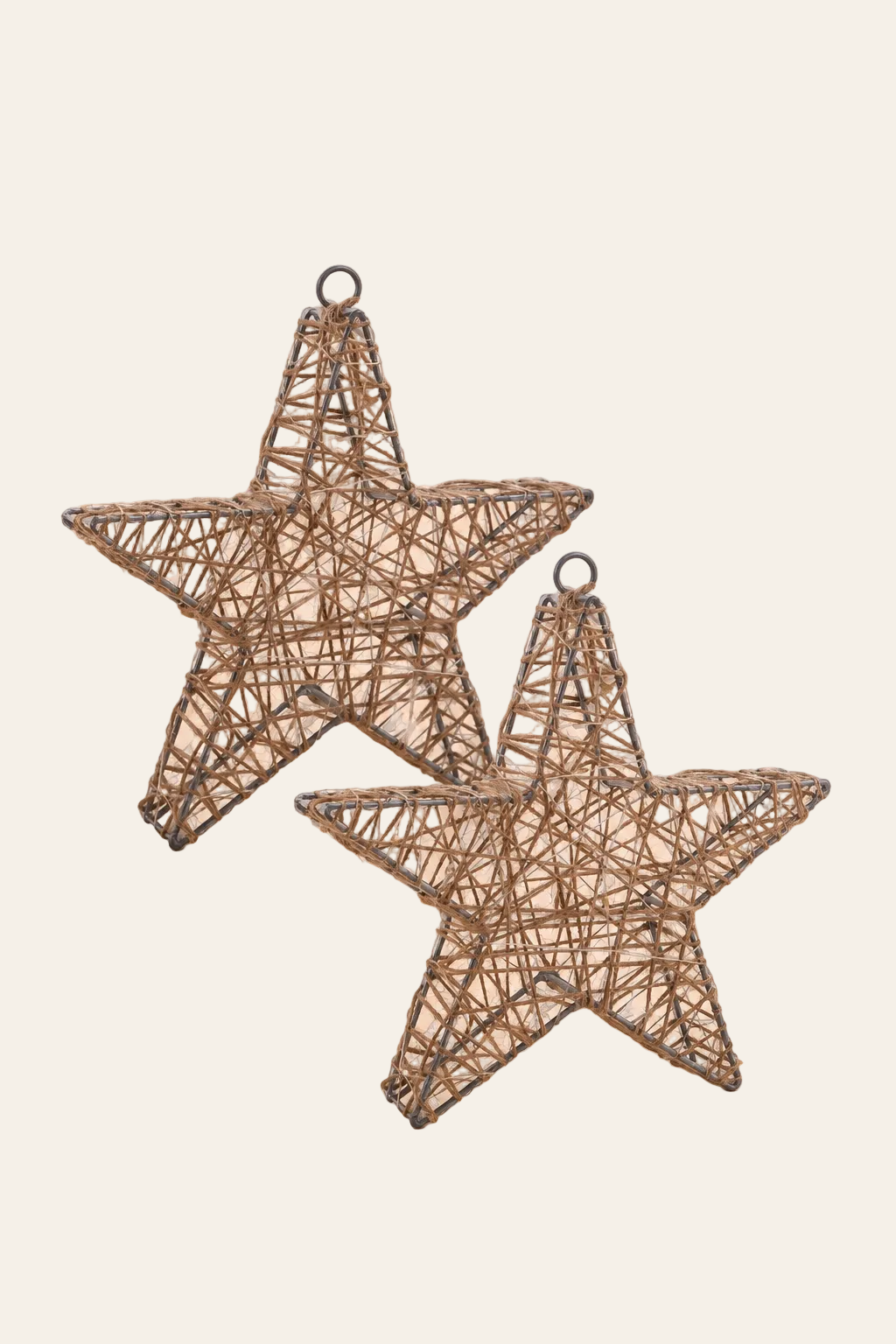 Set van 2 naturel kerststerren van 25 cm met metalen frame en textielkoord, verlichting uit op kersttemplate