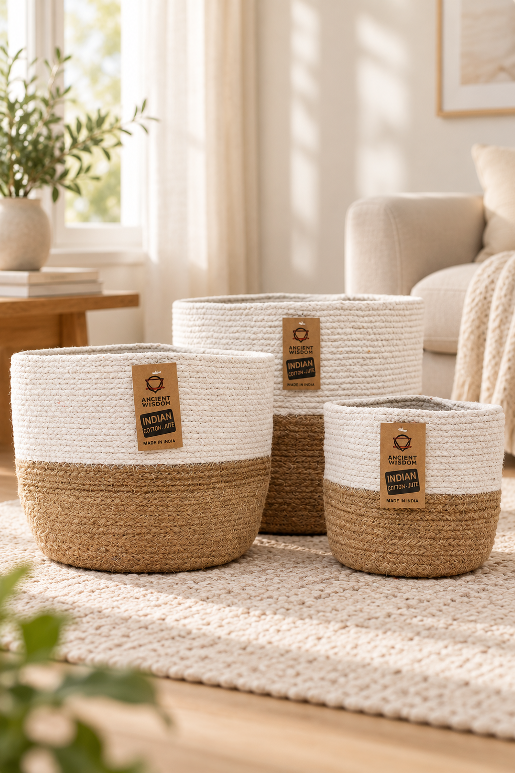Drie katoenen opbergmanden in wit en naturel op een beige vloerkleed in een lichte woonkamer met zachte daglichtinval