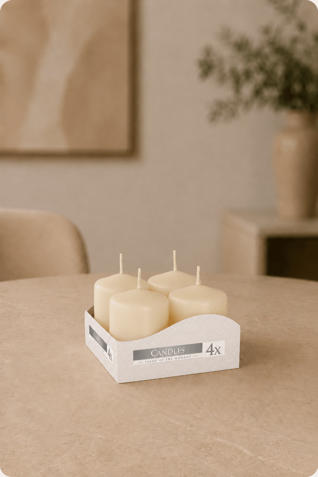LMW Wellness-Care Set van 4 stompkaarsen in ivorenkleur 4 × 6 cm, productaanzicht
