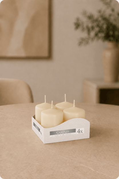 LMW Wellness-Care Set van 4 stompkaarsen in ivorenkleur 4 × 6 cm, productaanzicht