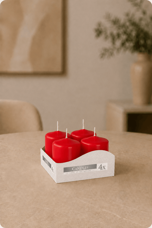 LMW Wellness-Care Set van 4 stompkaarsen in roodkleur 4 × 6 cm, productaanzicht