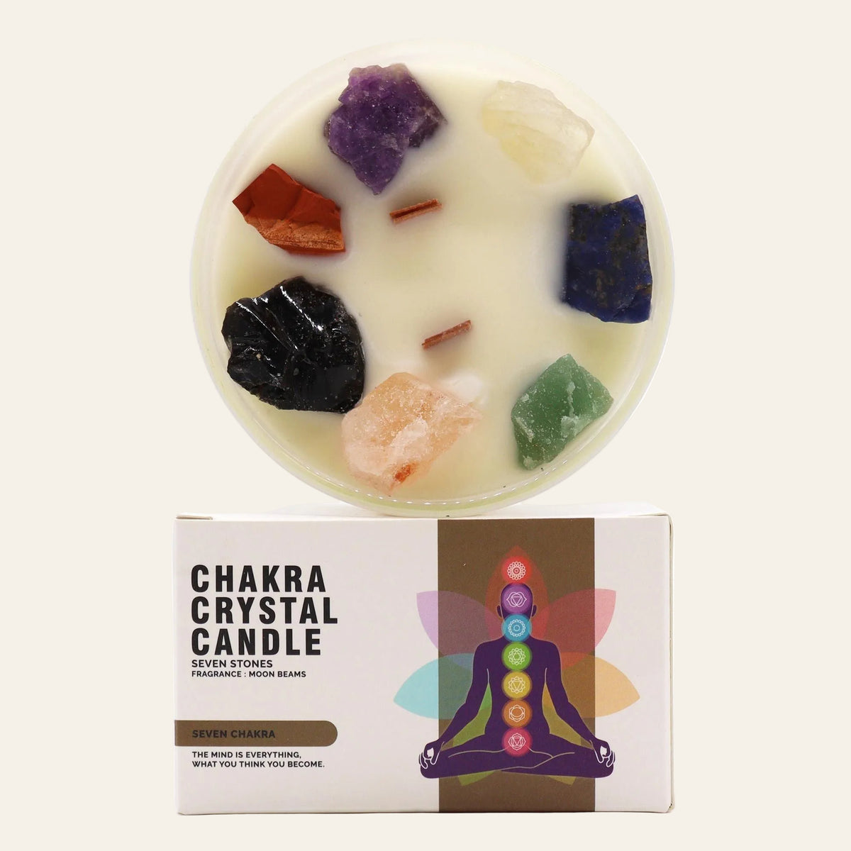 Seven Chakra kristalkaars met 7 edelstenen en sojawas productfoto
