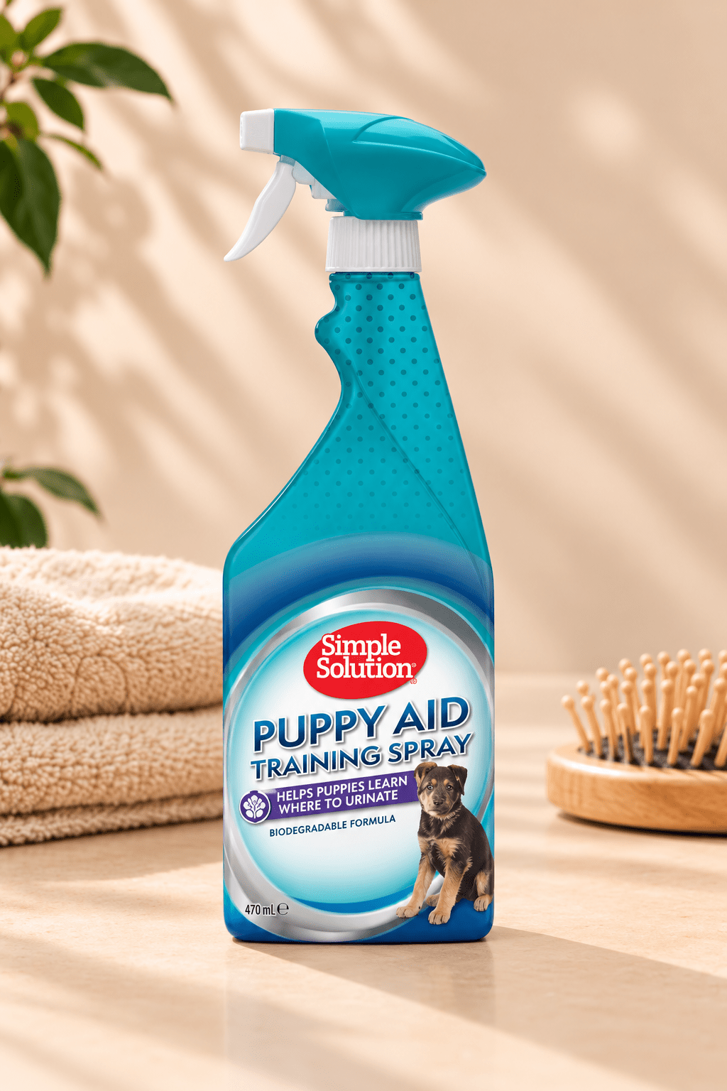 Turquoise Simple Solution puppy trainingsspray 470 ml op lichtbeige achtergrond, met zachte handdoek en houten hondenborstel.