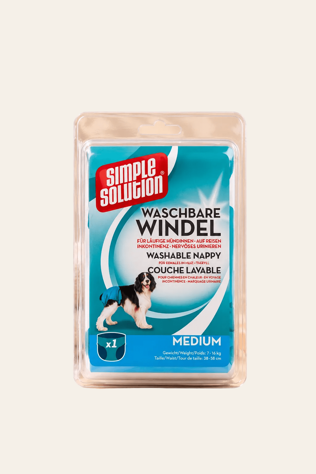 Simple Solution wasbare hondenluier Medium in transparante verpakking, voor honden van 7–16 kg met tailleomtrek van 38–58 cm.