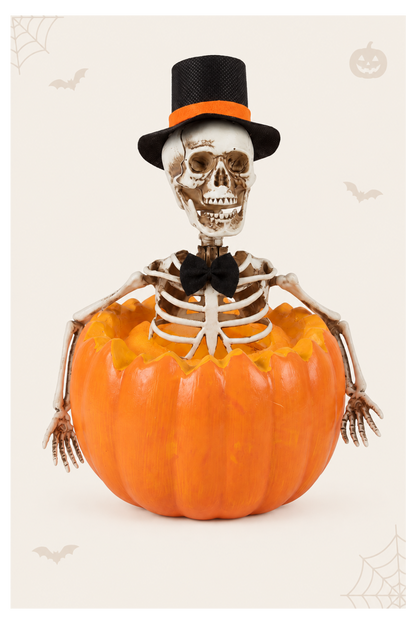 Skelet in pompoen met hoed en vlinderdas voor halloween