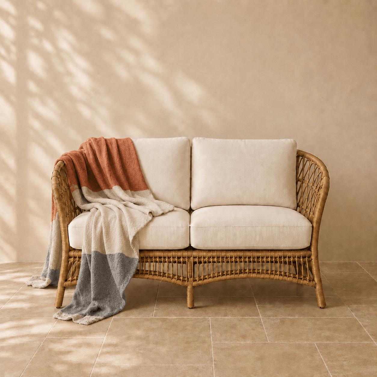 Sky Stripe wollen plaid in meerkleurig streeppatroon 130 × 170 cm, in een verzorgde woonsetting met zichtbare textuur en vorm.