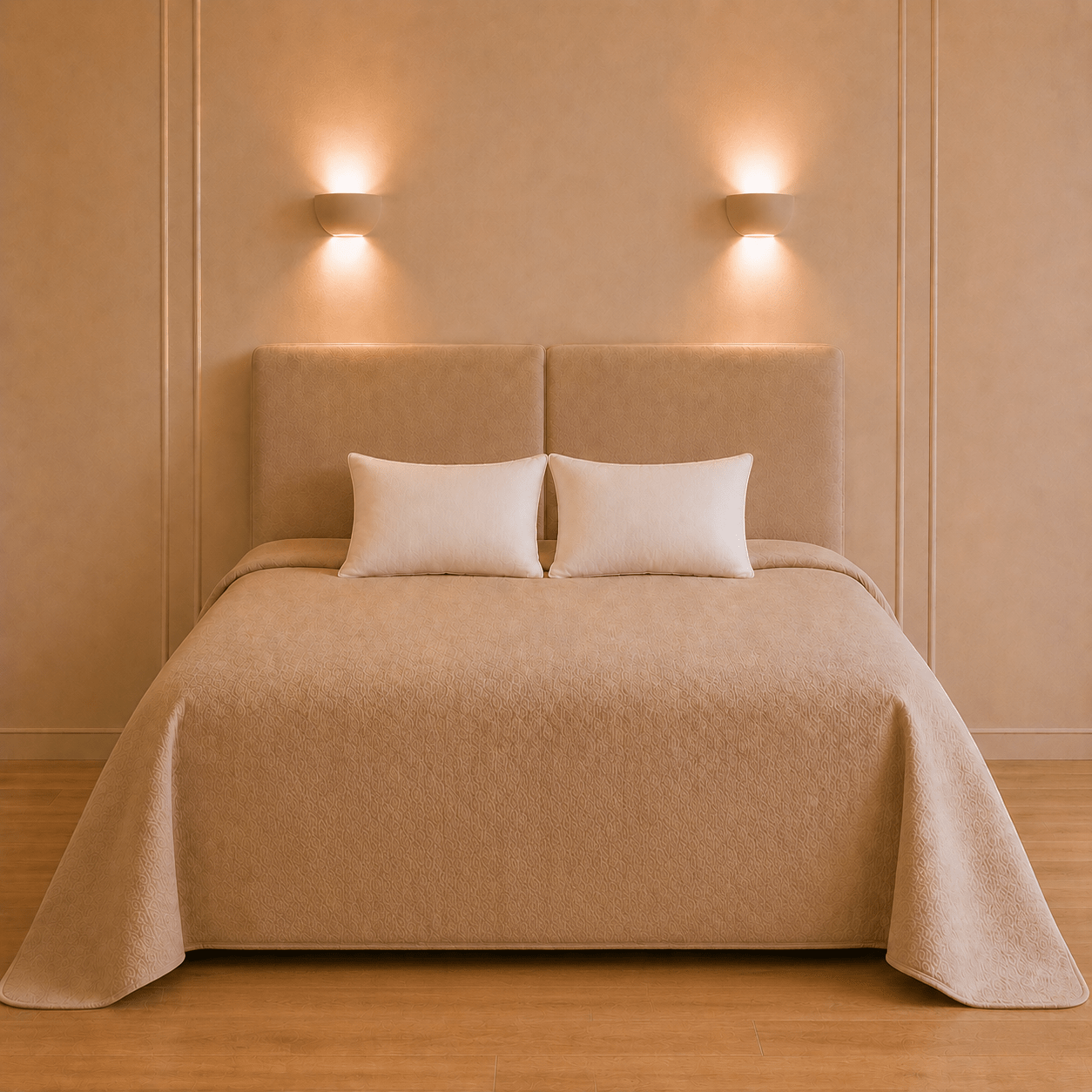 Opgemaakt bed met twee witte stevige Gravity hoofdkussens van 50 × 60 × 10 cm in een warme slaapkamer