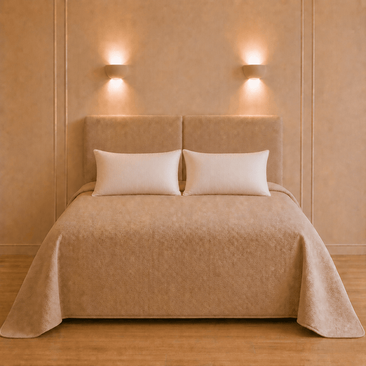 Opgemaakt bed met twee witte stevige Inception hoofdkussens van 50 × 70 cm in een warme slaapkamer