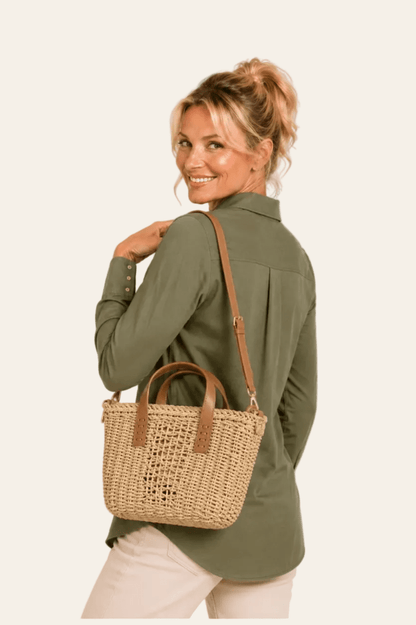 Stijlvolle beige en zwarte handtas met gevlochten design