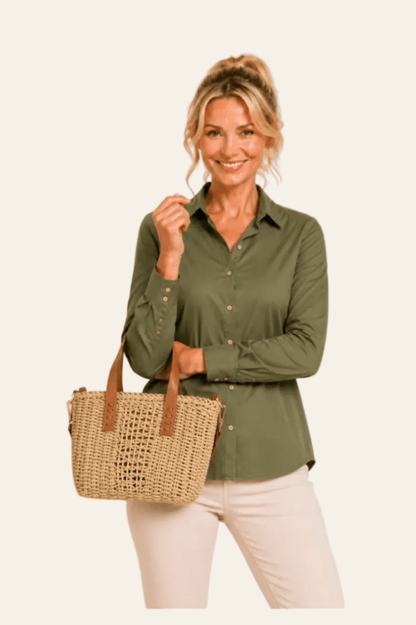 Stijlvolle beige en zwarte handtas met gevlochten design