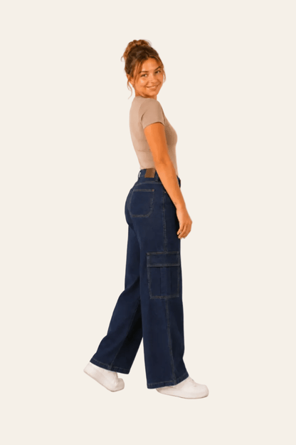 Stoere dames cargo jeans met rechte pijpen en cargozakken