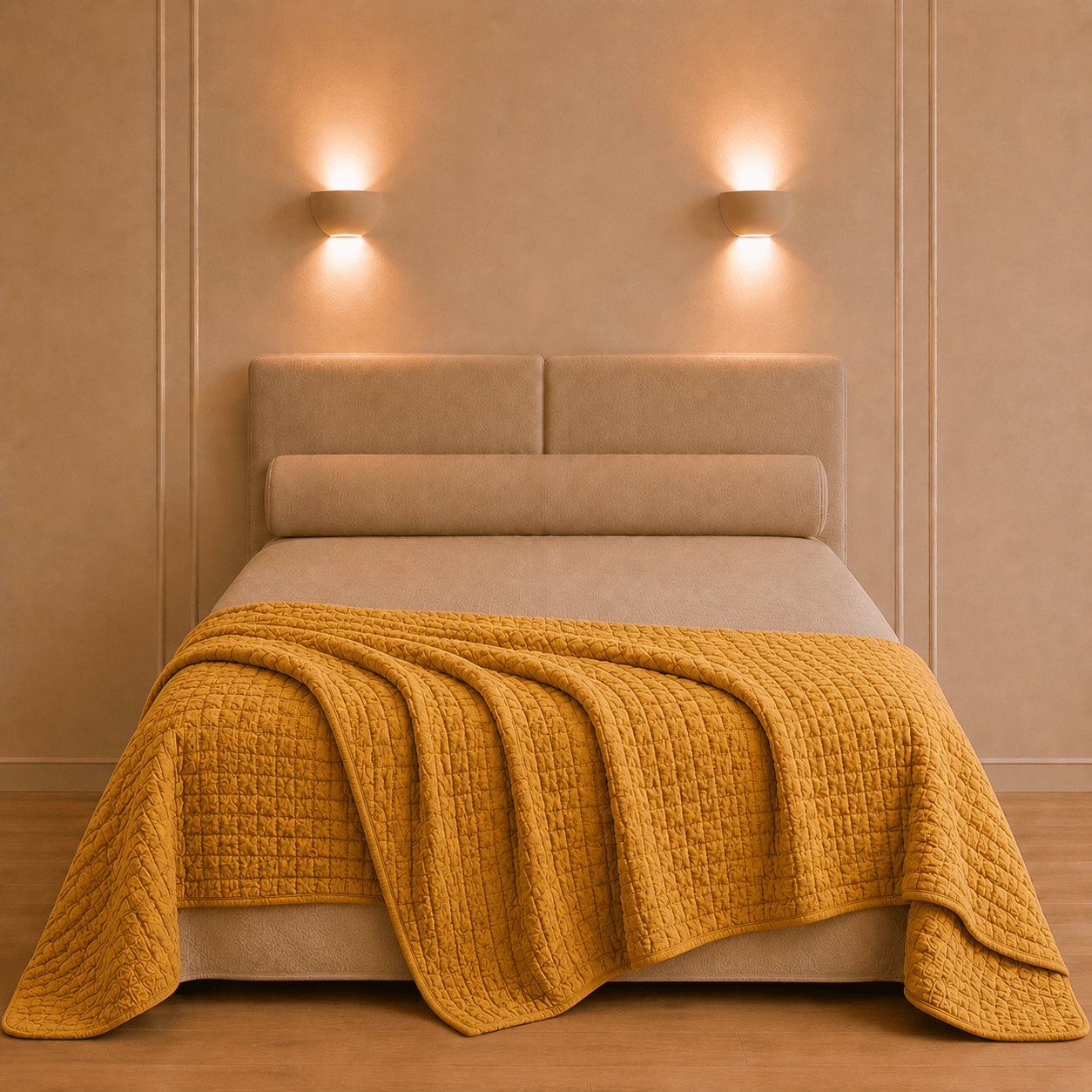 Sfeervol opgemaakt bed met de Swami katoenen bedsprei in goudgele saffraankleur en verfijnde reliëfstructuur