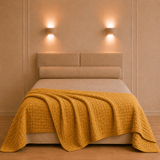 Sfeervol opgemaakt bed met de Swami katoenen bedsprei in goudgele saffraankleur en verfijnde reliëfstructuur