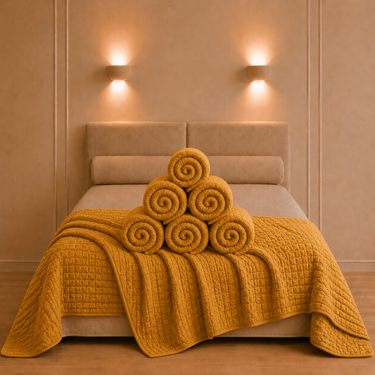 Swami bedsprei van Vivaraise in goudgele saffraankleur ruim gedrapeerd over een opgemaakt bed