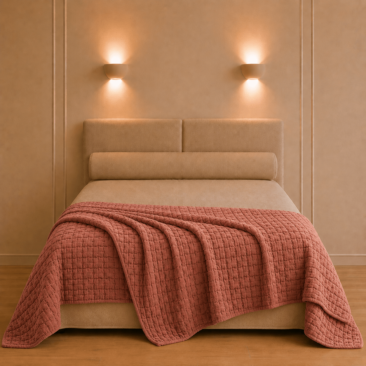Swami bedsprei van Vivaraise in grijsbruinkleur los gedrapeerd over een rustig opgemaakt bed