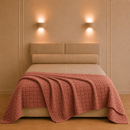 Swami bedsprei van Vivaraise in grijsbruinkleur los gedrapeerd over een rustig opgemaakt bed