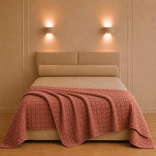 Swami bedsprei van Vivaraise in grijsbruinkleur los gedrapeerd over een rustig opgemaakt bed