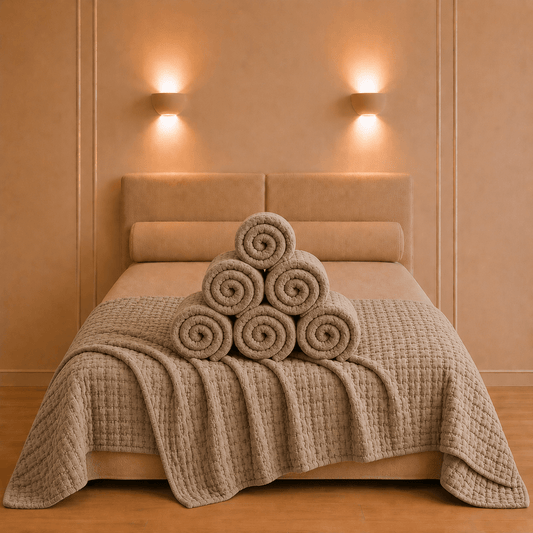 Swami bedsprei in muskaatkleur op een tweepersoonsbed met decoratief opgerolde stof en een verzorgde boutique presentatie