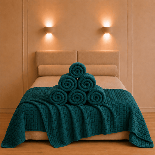 Swami bedsprei in petroleumblauwkleur op een tweepersoonsbed met decoratief opgerolde stof en een verzorgde boutique presentatie