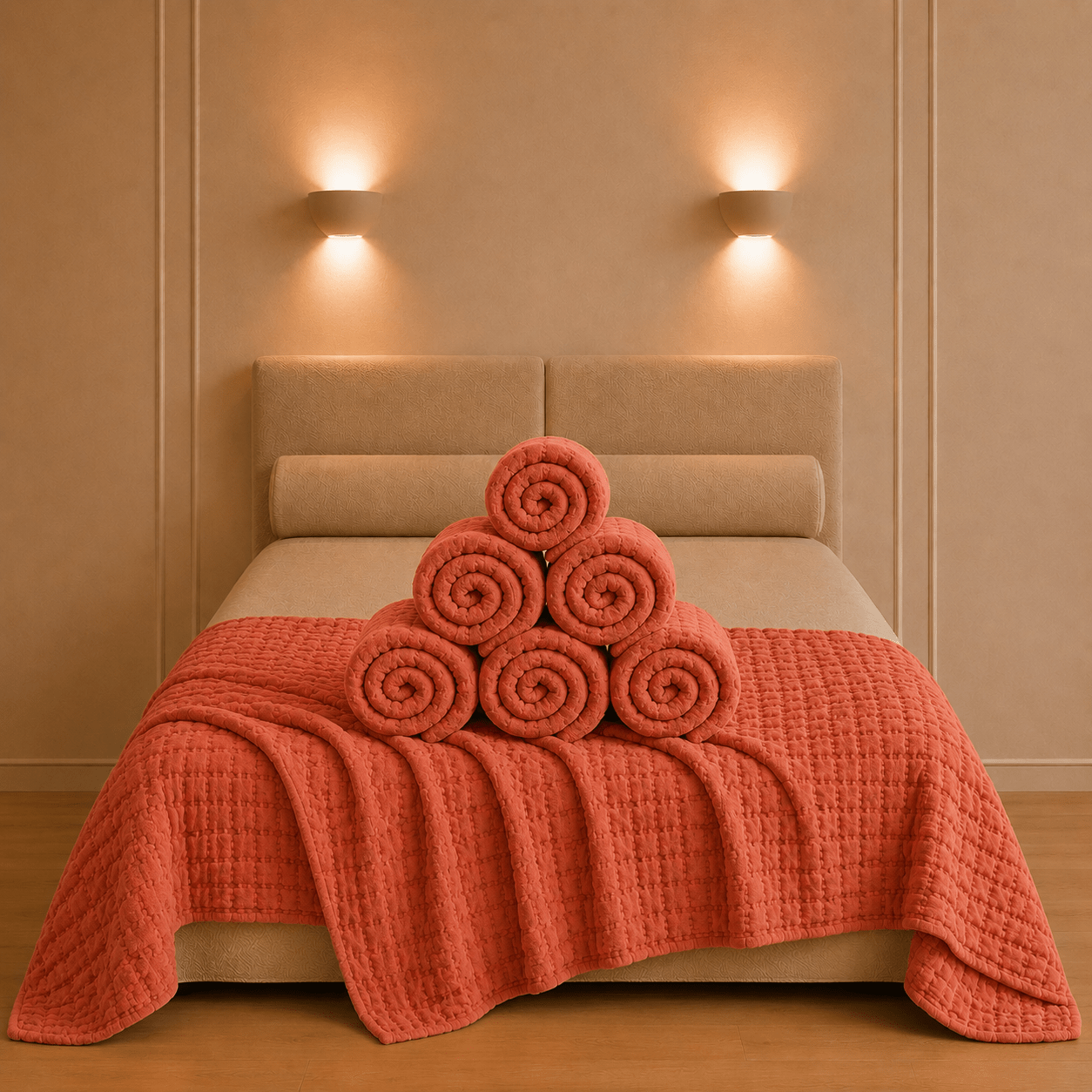 Swami bedsprei in terracottaroodkleur op een tweepersoonsbed met decoratief opgerolde stof en een verzorgde boutique presentatie