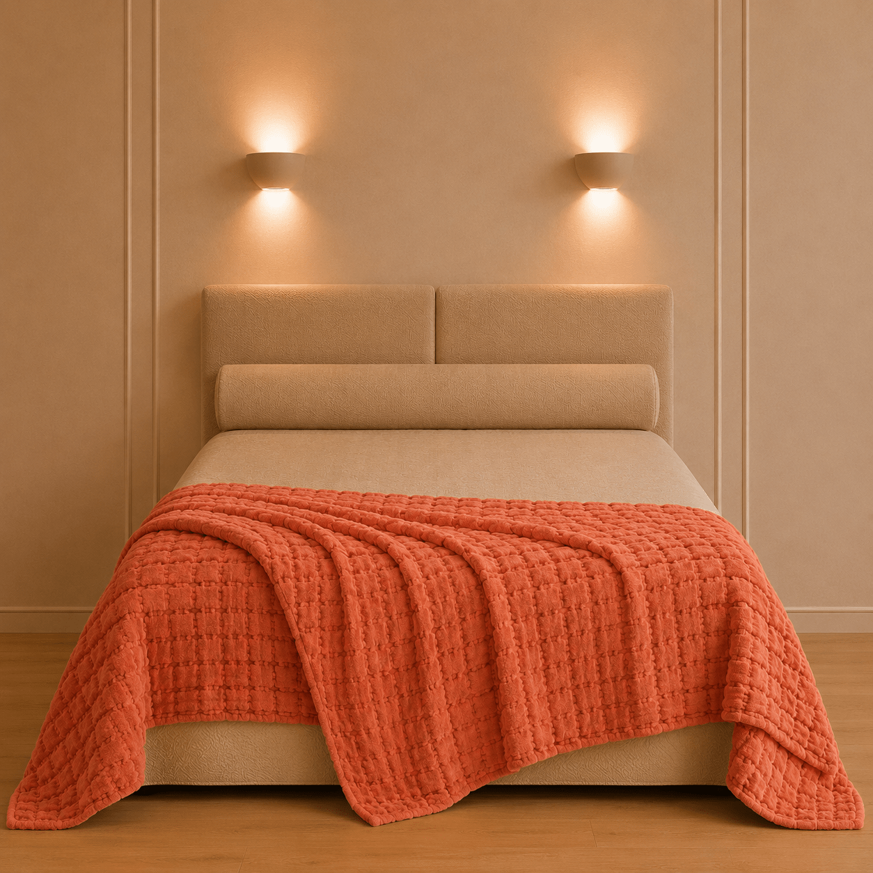 Swami bedsprei van Vivaraise in terracottaroodkleur en 100% katoen, royaal gedrapeerd over een tweepersoonsbed