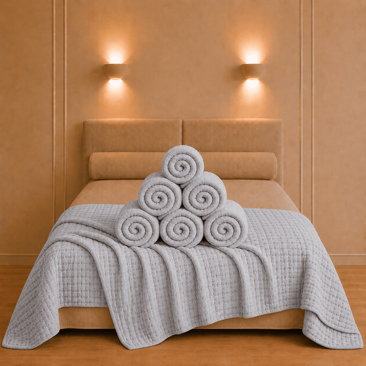 Sfeervol opgemaakt bed met de Swami katoenen bedsprei in parelgrijskleur en zachte stonewashed structuur