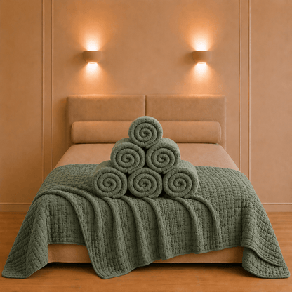 Sfeervol opgemaakt bed met de Swami katoenen bedsprei in tijmgroenkleur en zachte stonewashed structuur