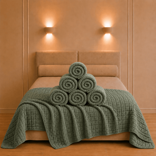 Sfeervol opgemaakt bed met de Swami katoenen bedsprei in tijmgroenkleur en zachte stonewashed structuur