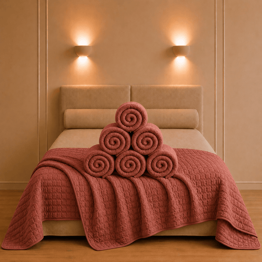 Sfeervol opgemaakt bed met de mediterrane aardekleur Swami katoenen bedsprei en verfijnd diamantpatroon