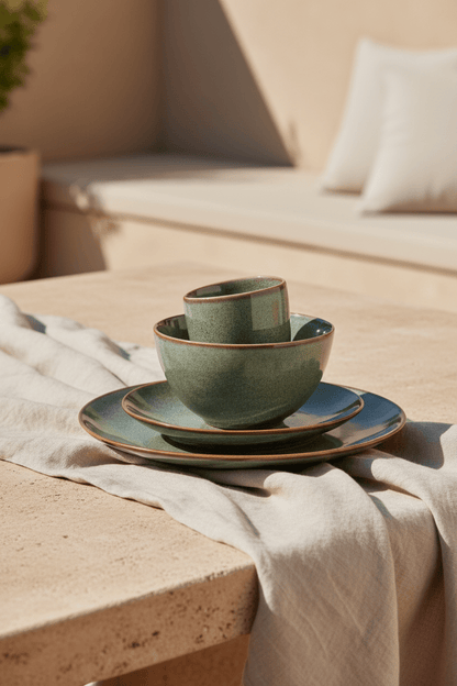Tabo design serviesset in groen keramiek uit 4 delen voorgesteld op een lichtbeige doekje op een terras met dieptezicht dat geblurd is
