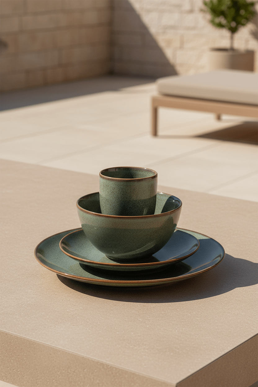 Tabo design serviesset in groen keramiek uit 4 delen op een ichtbeige afel in de tuin met geblurd dieptezicht