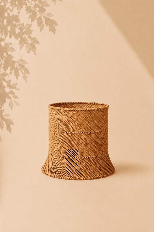 Tafellampenkap in naturel gevlochten pandan op een beige gebladerde achtergrond