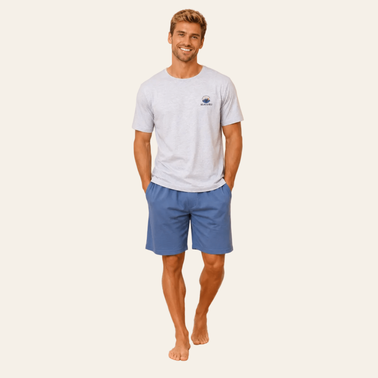 Taro herenloungeset in lichtgrijskleurige top met blauwkleurige short, vooraanzicht