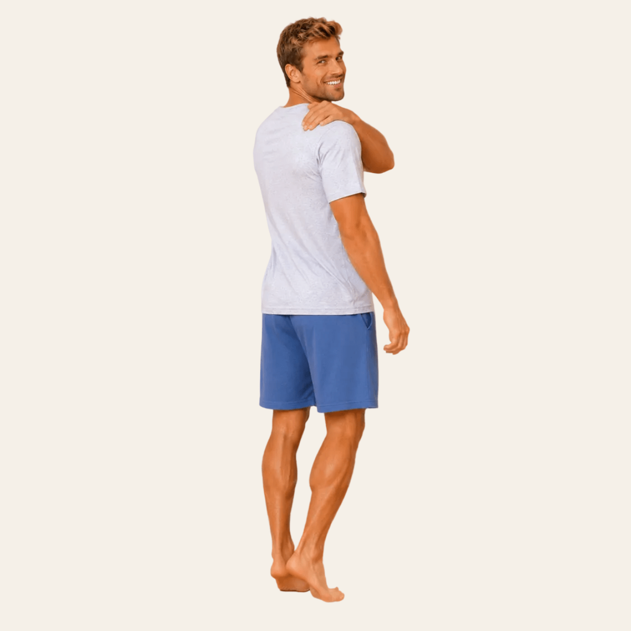 Taro herenloungeset in lichtgrijskleurige top met blauwkleurige short, achteraanzicht