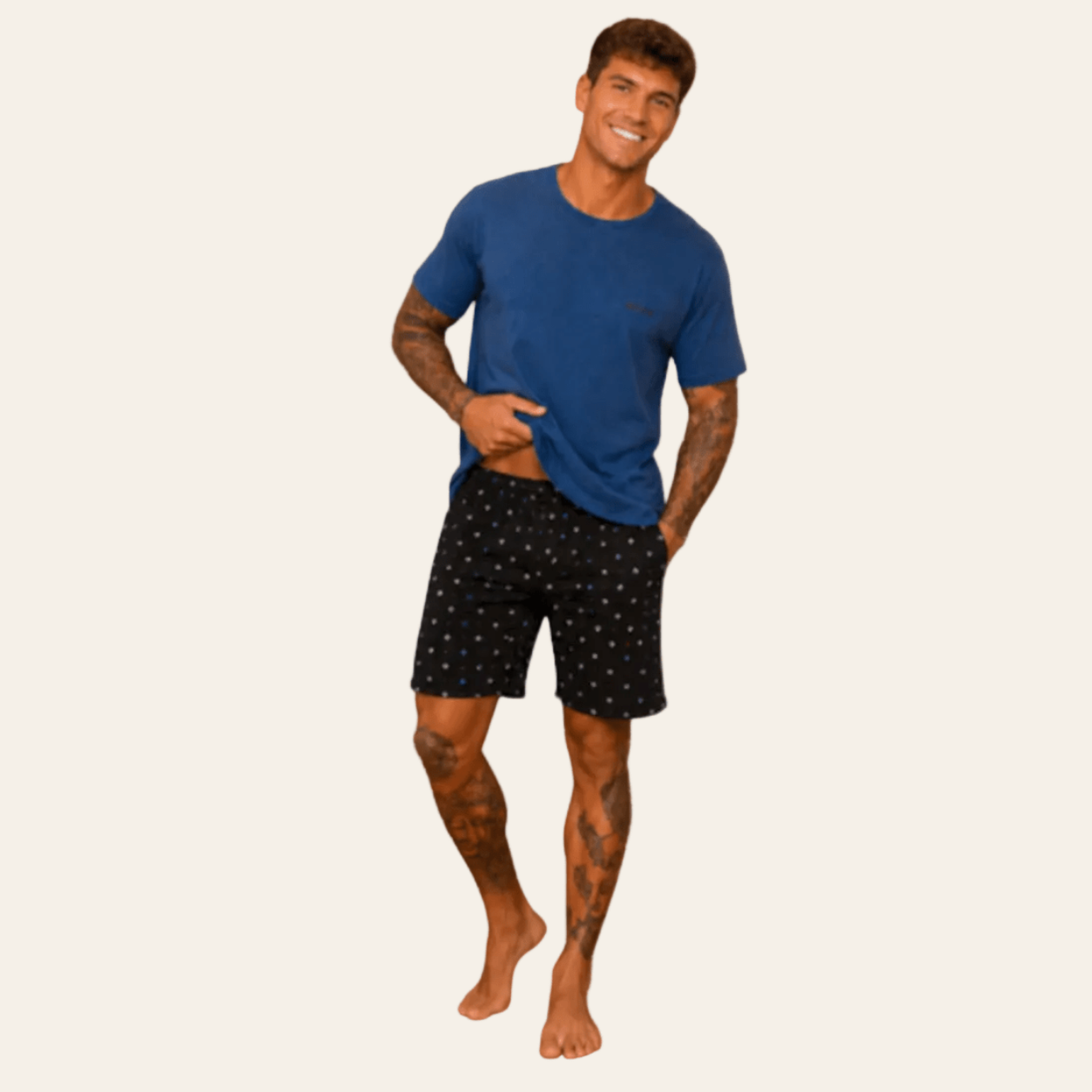 Taro korte herenpyjama in blauwkleur met zwartkleurige short, vooraanzicht